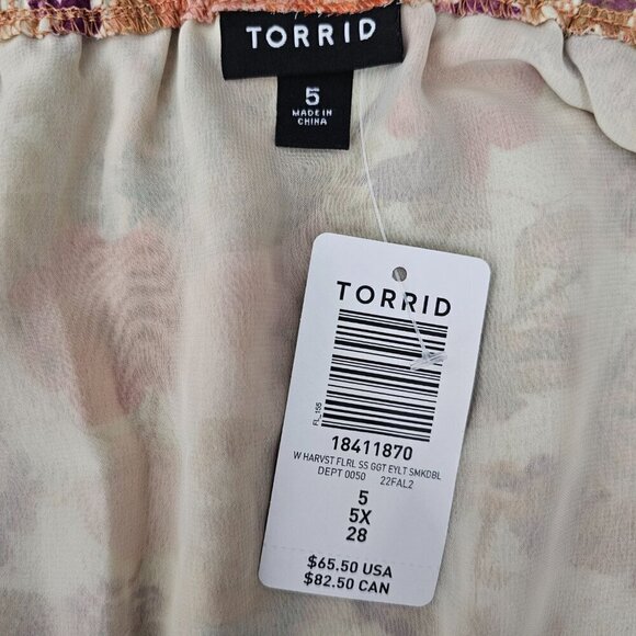 Torrid Georgette Eyelet Smocked Waist Puff Sleeve Floral Boho Top - Picture 9 of 10